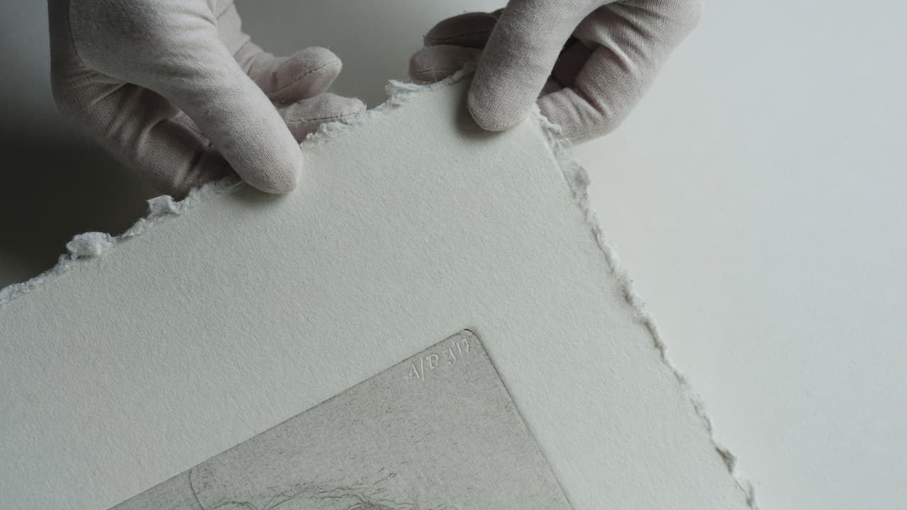 Hands with gloves holding print